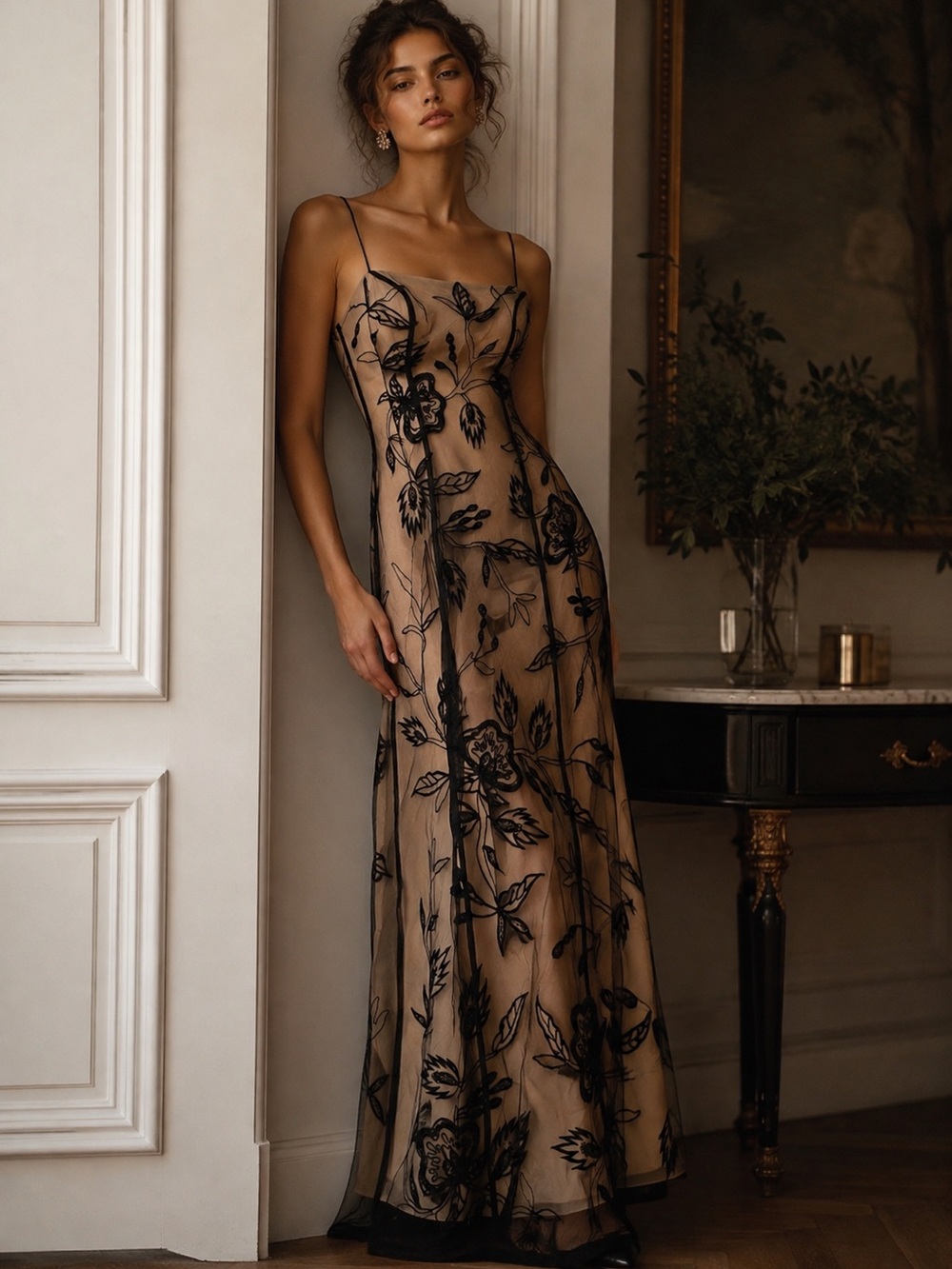 Vintage 90s Alyce Designs Black Floral Embroidered Sheer Mesh Evening Gown | 6